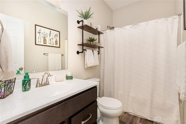 bathroom with toilet, vanity, a shower with curtain, and wood finished floors