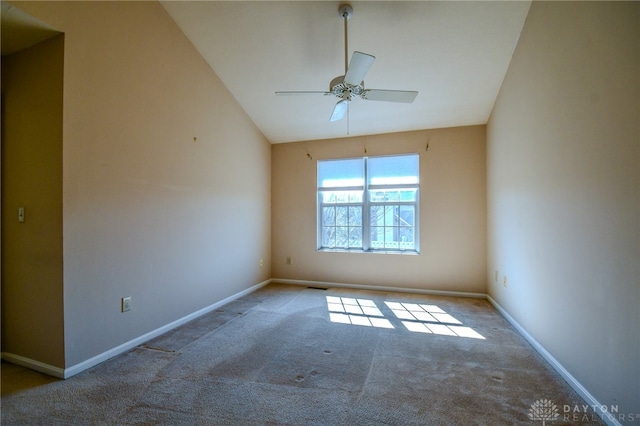 empty room with baseboards, carpet floors, visible vents, and ceiling fan