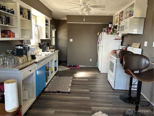 kitchen featuring open shelves, white appliances, ceiling fan, and a sink