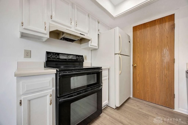 kitchen featuring light countertops, white cabinets, black electric range oven, and light wood finished floors