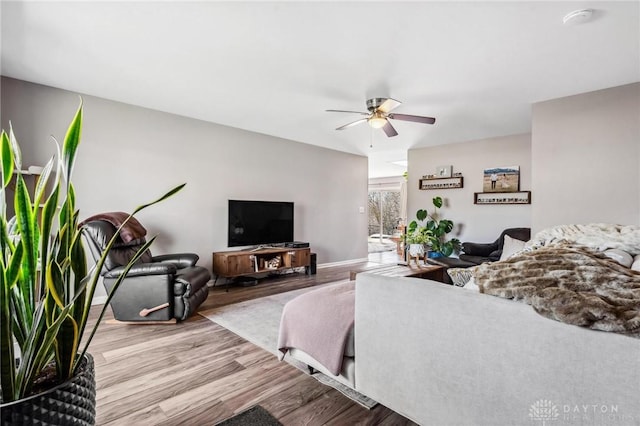 living area featuring a ceiling fan and wood finished floors