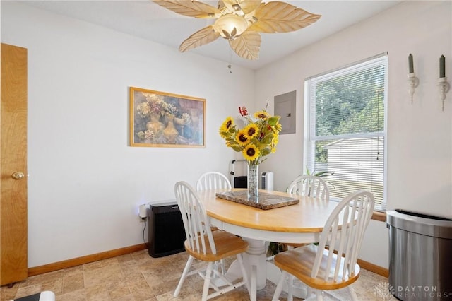 dining area with electric panel, baseboards, and ceiling fan