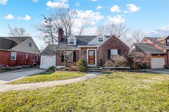 view of front of house with a front lawn, aphalt driveway, a garage, brick siding, and a chimney