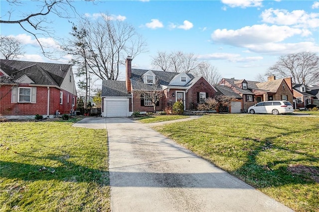 view of front of house featuring brick siding, a residential view, a chimney, and concrete driveway