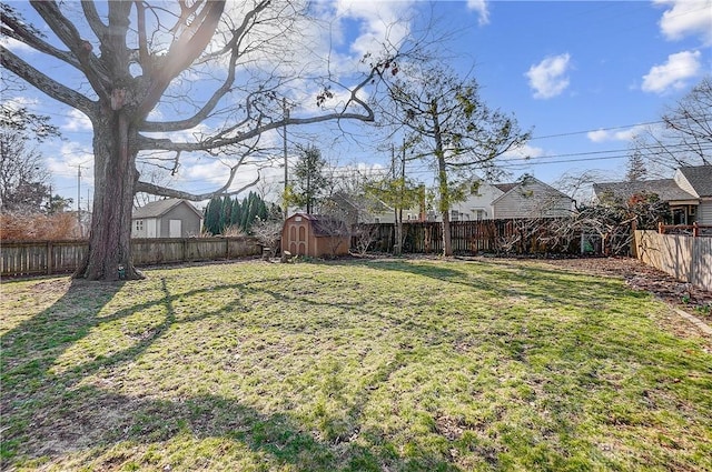 view of yard with an outdoor structure, a storage unit, and a fenced backyard