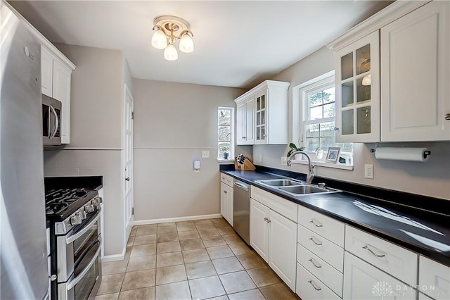 kitchen with a sink, dark countertops, white cabinetry, and stainless steel appliances