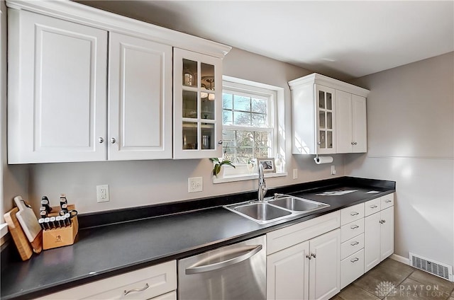 kitchen with dishwasher, dark countertops, visible vents, and a sink