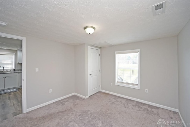 carpeted spare room with plenty of natural light, baseboards, visible vents, and a sink