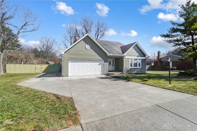 ranch-style house with fence, a chimney, concrete driveway, a front lawn, and a garage