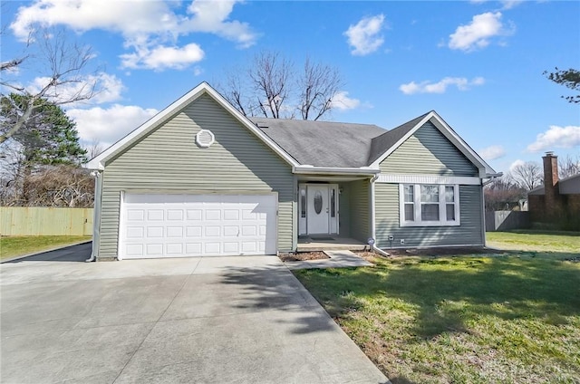 ranch-style house with a front lawn, concrete driveway, fence, and an attached garage