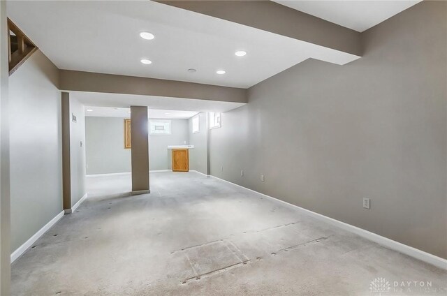 below grade area featuring recessed lighting and baseboards