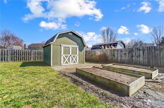 view of shed featuring a garden and a fenced backyard