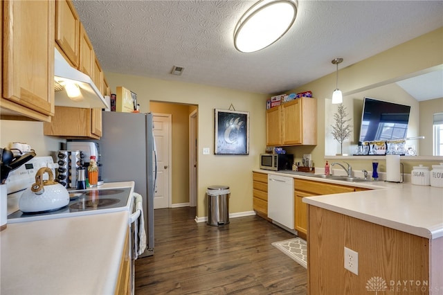 kitchen with white appliances, a peninsula, a sink, dark wood-type flooring, and under cabinet range hood