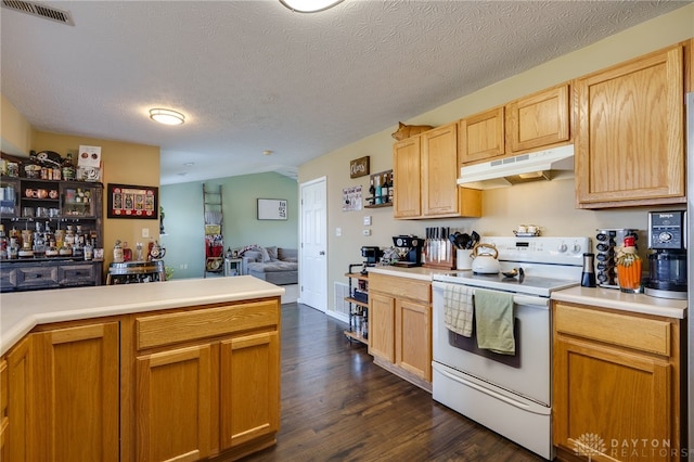 kitchen featuring white electric range oven, visible vents, light countertops, under cabinet range hood, and open floor plan