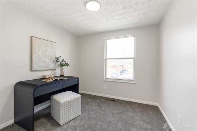 office featuring baseboards, carpet, and a textured ceiling