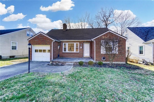 view of front facade with brick siding, an attached garage, concrete driveway, and a chimney