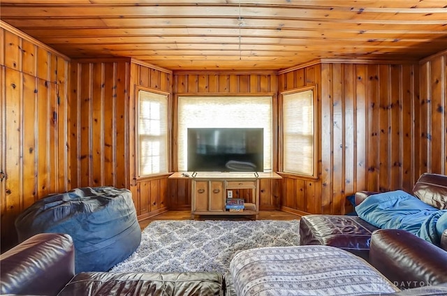 living area featuring wood ceiling and wood walls