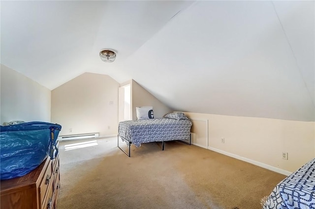 carpeted bedroom featuring baseboards, lofted ceiling, and baseboard heating