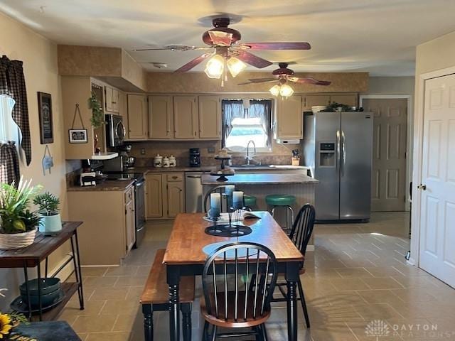 kitchen featuring a sink, tasteful backsplash, appliances with stainless steel finishes, and ceiling fan