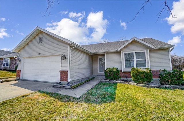 single story home with driveway, a front yard, a shingled roof, a garage, and brick siding