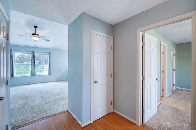 hallway with light wood-type flooring, baseboards, and light carpet