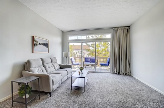 living room featuring baseboards, a textured ceiling, and carpet