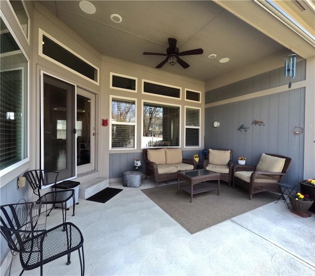 view of patio / terrace with an outdoor hangout area and a ceiling fan