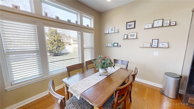 dining room with light wood-type flooring and baseboards