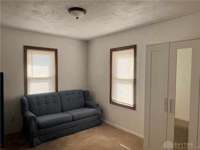 living area featuring plenty of natural light, a textured ceiling, baseboards, and carpet floors