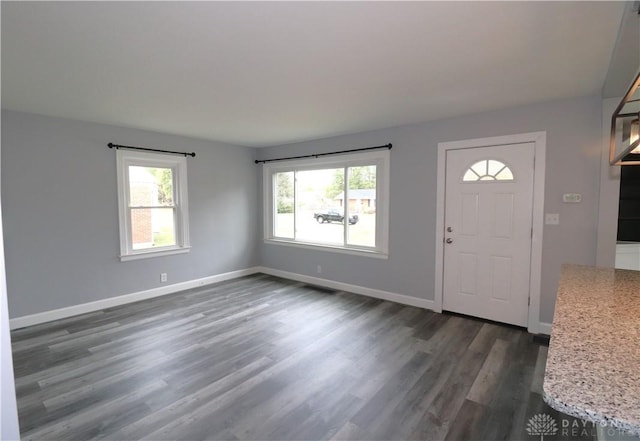 foyer featuring baseboards and dark wood-style floors