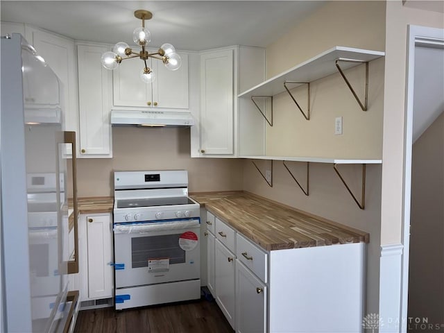 kitchen with under cabinet range hood, white appliances, white cabinets, and wooden counters