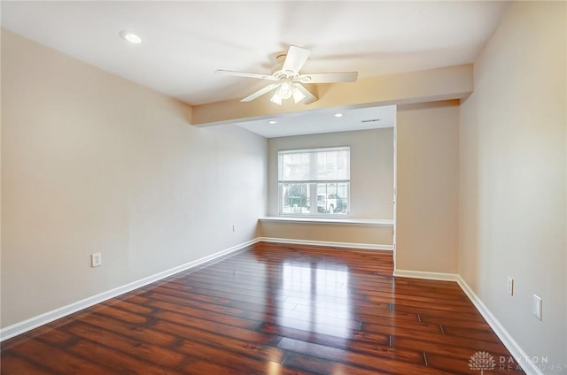 empty room featuring hardwood / wood-style floors, baseboards, ceiling fan, and recessed lighting