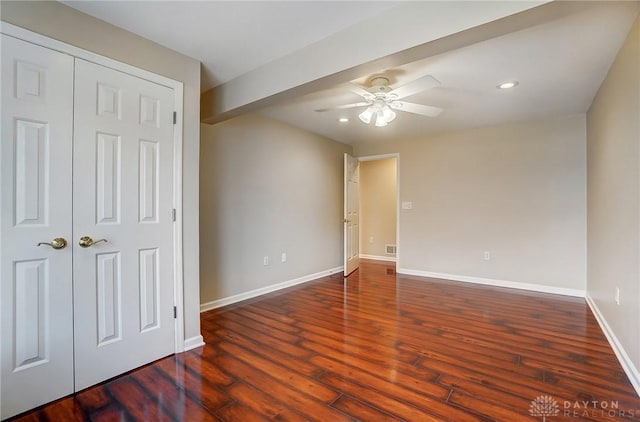 unfurnished bedroom featuring recessed lighting, wood finished floors, baseboards, and ceiling fan