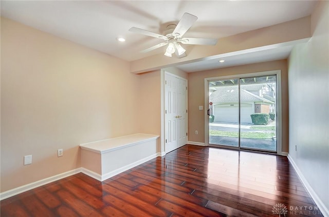 unfurnished room with recessed lighting, baseboards, wood finished floors, and a ceiling fan