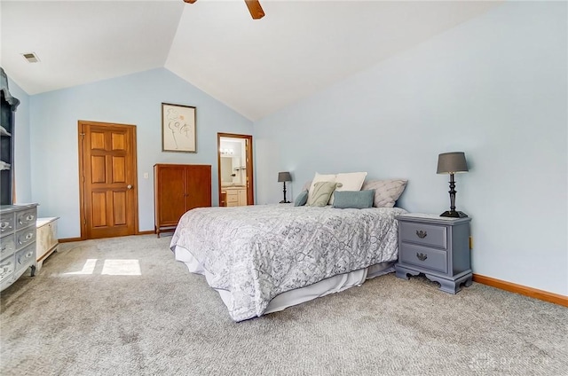 bedroom with baseboards, lofted ceiling, light colored carpet, and visible vents