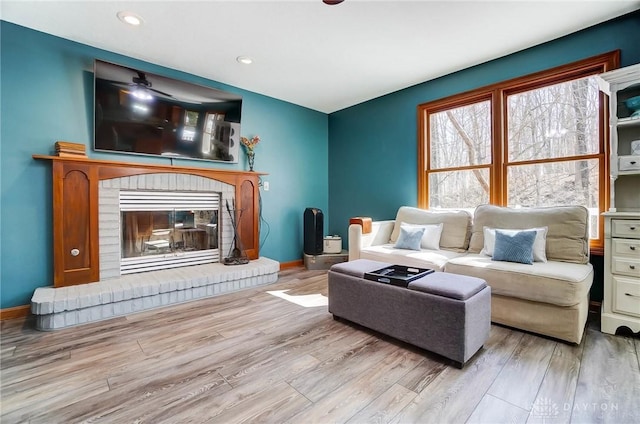 living room featuring baseboards, wood finished floors, and a fireplace