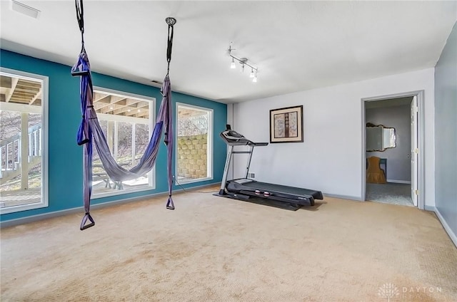 workout room with baseboards and carpet floors