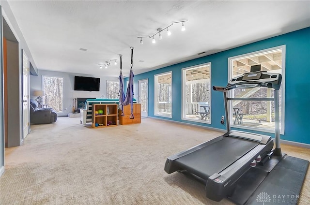 workout room with rail lighting, visible vents, baseboards, and carpet floors