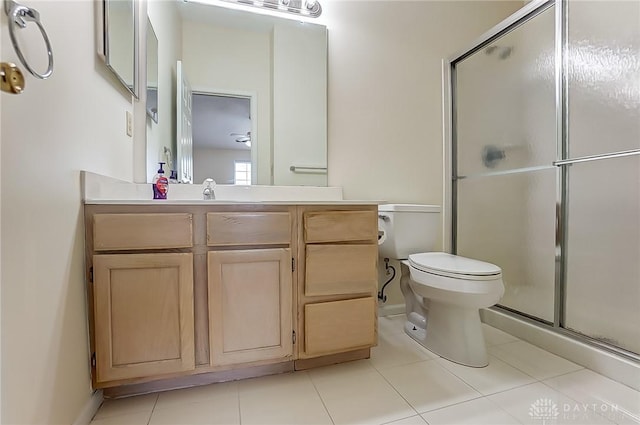 full bath featuring vanity, a shower stall, toilet, and tile patterned flooring