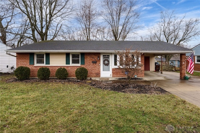 ranch-style house featuring an attached carport, concrete driveway, brick siding, and a front lawn