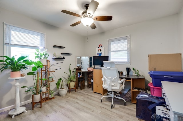 office featuring baseboards, a ceiling fan, and wood finished floors