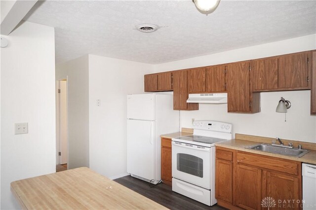 kitchen with visible vents, under cabinet range hood, brown cabinetry, white appliances, and a sink