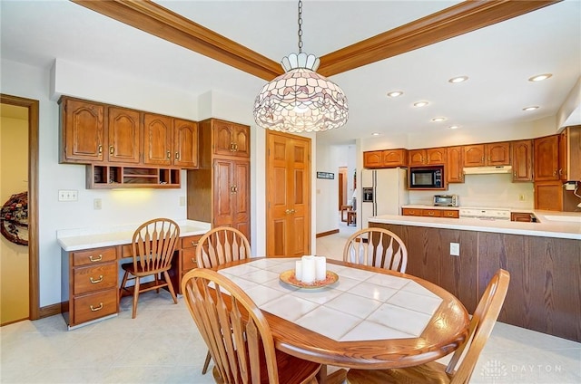 dining room featuring baseboards, a toaster, light tile patterned flooring, recessed lighting, and crown molding