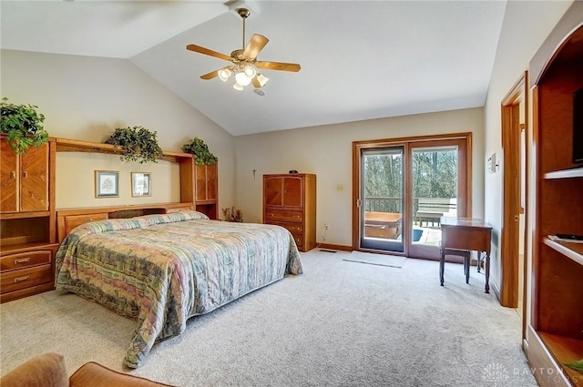 carpeted bedroom with lofted ceiling, access to exterior, and a ceiling fan