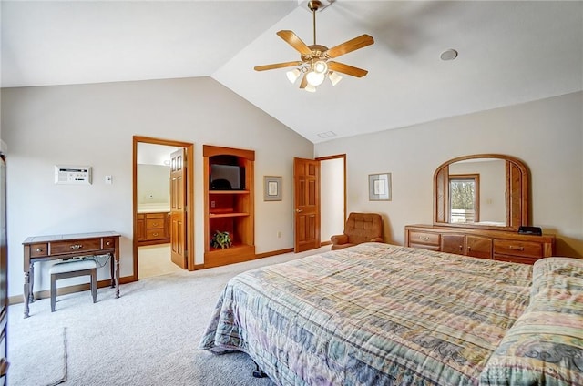 bedroom featuring light carpet, a ceiling fan, baseboards, and vaulted ceiling