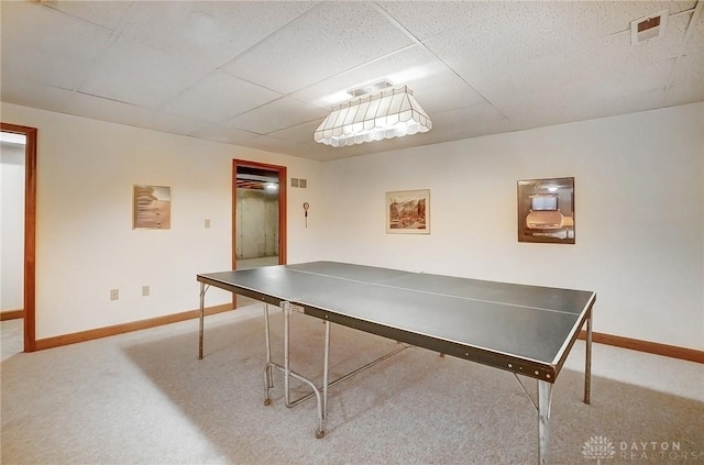 recreation room with visible vents, baseboards, and carpet