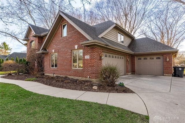 view of property exterior featuring brick siding, an attached garage, driveway, and a shingled roof