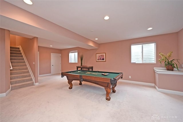 game room with light carpet, recessed lighting, pool table, and baseboards