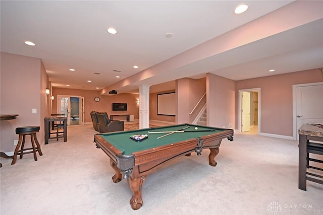 playroom with recessed lighting, baseboards, light colored carpet, and billiards