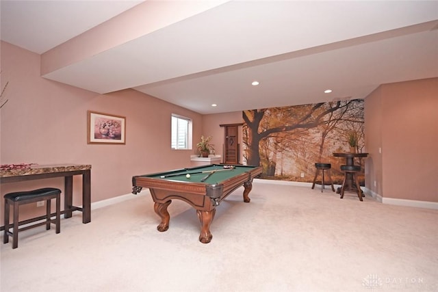 rec room featuring carpet flooring, recessed lighting, pool table, and baseboards